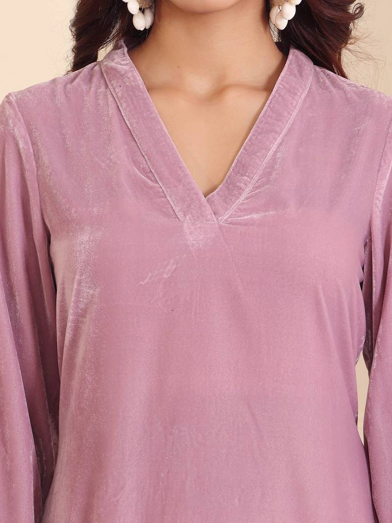 V-Neck Velvet Straight Kurta With Trousers
