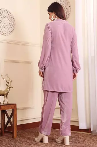 V-Neck Velvet Straight Kurta With Trousers