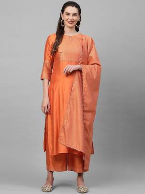 Women Orange Panelled Liva Kurta with Palazzos & With Dupatta 1