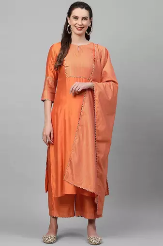 Women Orange Panelled Liva Kurta with Palazzos & With Dupatta