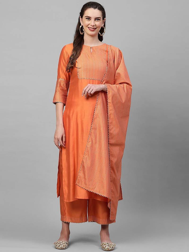 Women Orange Panelled Liva Kurta with Palazzos & With Dupatta