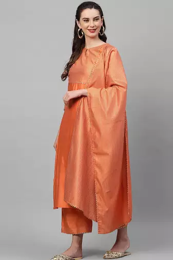 Women Orange Panelled Liva Kurta with Palazzos & With Dupatta