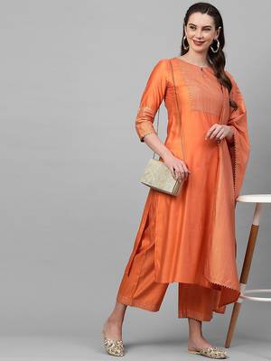 Women Orange Panelled Liva Kurta with Palazzos & With Dupatta 7