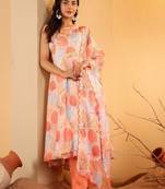 Beige Floral Printed Halter Neck Anarkali Kurta With Trousers & Dupatta