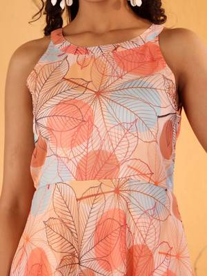 Beige Floral Printed Halter Neck Anarkali Kurta With Trousers & Dupatta 2