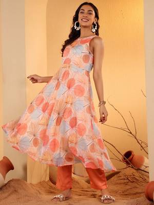 Beige Floral Printed Halter Neck Anarkali Kurta With Trousers & Dupatta 5