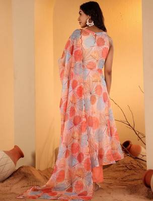 Beige Floral Printed Halter Neck Anarkali Kurta With Trousers & Dupatta 6