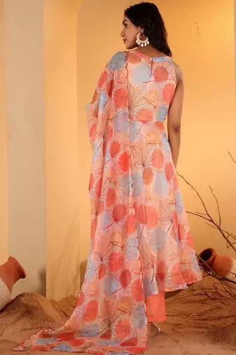 Beige Floral Printed Halter Neck Anarkali Kurta With Trousers & Dupatta