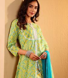 Floral Printed Notch-Neck Pure Cotton A-Line Kurta With Palazzos & Dupatta