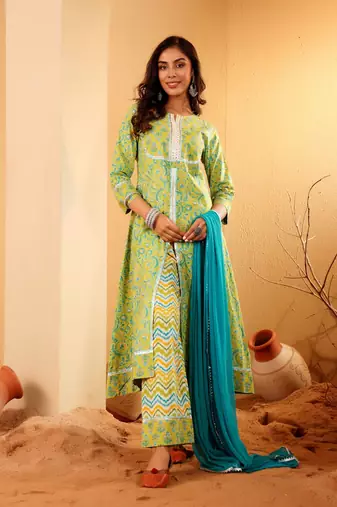 Floral Printed Notch-Neck Pure Cotton A-Line Kurta With Palazzos & Dupatta