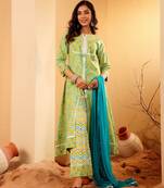Floral Printed Notch-Neck Pure Cotton A-Line Kurta With Palazzos & Dupatta