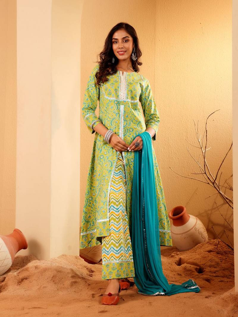 Floral Printed Notch-Neck Pure Cotton A-Line Kurta With Palazzos & Dupatta