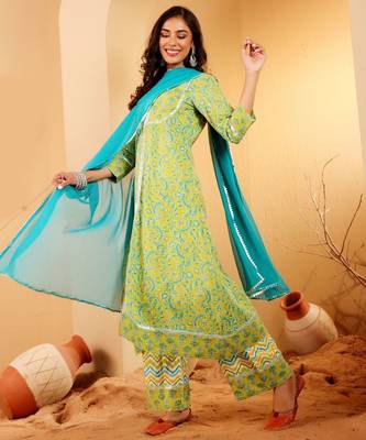 Floral Printed Notch-Neck Pure Cotton A-Line Kurta With Palazzos & Dupatta 3