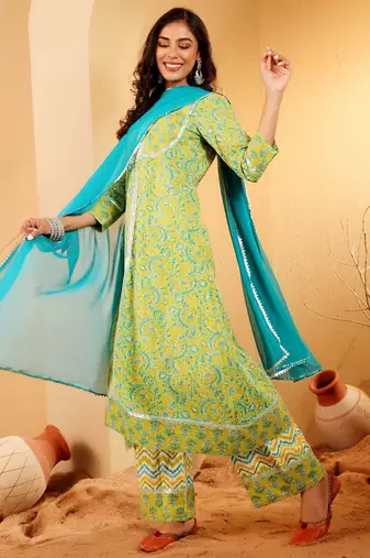 Floral Printed Notch-Neck Pure Cotton A-Line Kurta With Palazzos & Dupatta