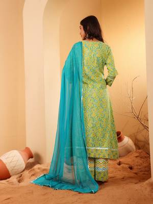 Floral Printed Notch-Neck Pure Cotton A-Line Kurta With Palazzos & Dupatta 4