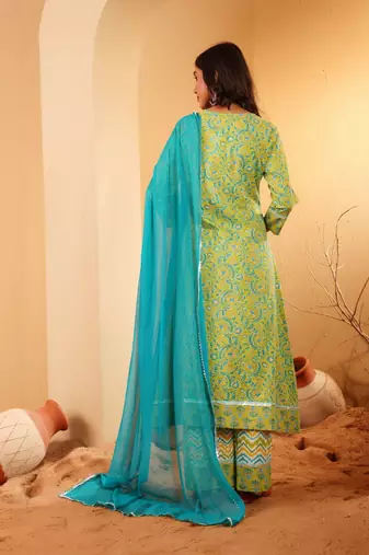 Floral Printed Notch-Neck Pure Cotton A-Line Kurta With Palazzos & Dupatta
