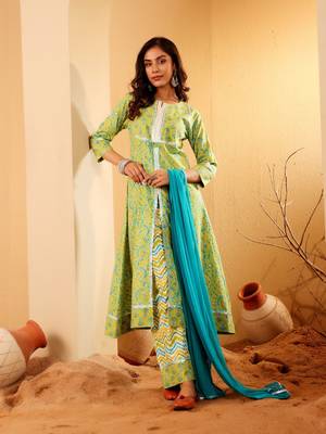 Floral Printed Notch-Neck Pure Cotton A-Line Kurta With Palazzos & Dupatta 5