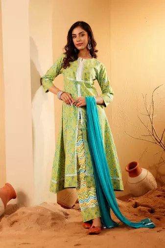 Floral Printed Notch-Neck Pure Cotton A-Line Kurta With Palazzos & Dupatta