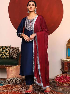 Blue Ethnic Motifs Embroidered Thread Work Kurta With Trousers & Dupatta 1