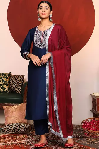 Blue Ethnic Motifs Embroidered Thread Work Kurta With Trousers & Dupatta