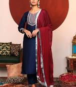 Blue Ethnic Motifs Embroidered Thread Work Kurta With Trousers & Dupatta