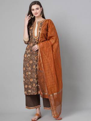 Women Olive Brown & Rust Orange Printed Kurta with Palazzos & Dupatta 1