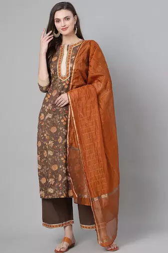 Women Olive Brown & Rust Orange Printed Kurta with Palazzos & Dupatta