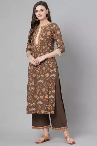 Women Olive Brown & Rust Orange Printed Kurta with Palazzos & Dupatta