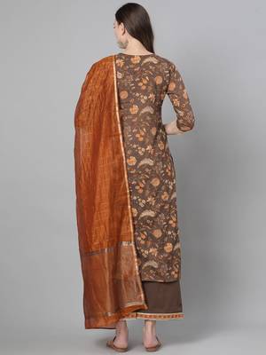 Women Olive Brown & Rust Orange Printed Kurta with Palazzos & Dupatta 6