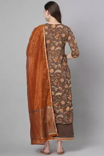 Women Olive Brown & Rust Orange Printed Kurta with Palazzos & Dupatta