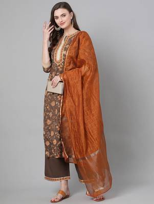 Women Olive Brown & Rust Orange Printed Kurta with Palazzos & Dupatta 7