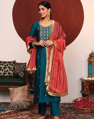 Women Ethnic Motifs Embroidered Regular Thread Work Kurta with Trousers & With Dupatta 1