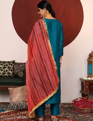 Women Ethnic Motifs Embroidered Regular Thread Work Kurta with Trousers & With Dupatta 6