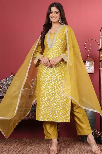 Floral Woven Design Sequinned Jacquard Kurta With Trouser & Dupatta