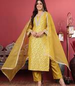 Floral Woven Design Sequinned Jacquard Kurta With Trouser & Dupatta