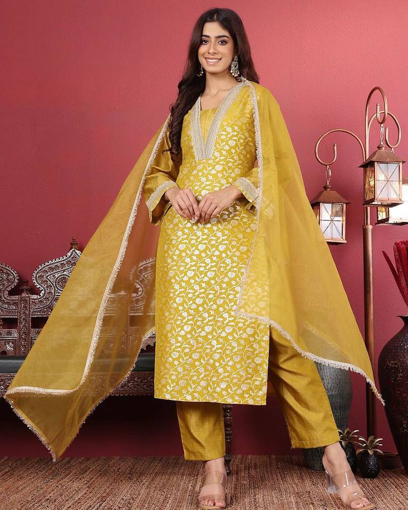 Floral Woven Design Sequinned Jacquard Kurta With Trouser & Dupatta