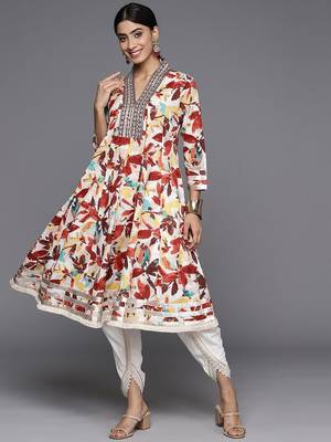 Floral Printed Panelled Mirror Work Pure Cotton Kurta With Dhoti Pants 1