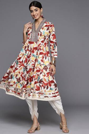 Floral Printed Panelled Mirror Work Pure Cotton Kurta With Dhoti Pants