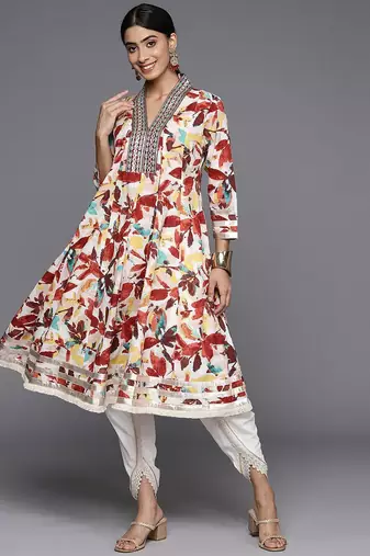 Floral Printed Panelled Mirror Work Pure Cotton Kurta With Dhoti Pants