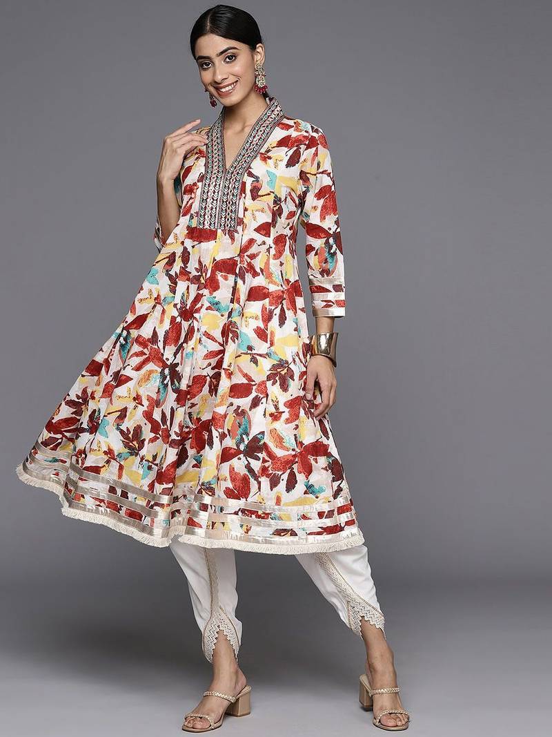 Floral Printed Panelled Mirror Work Pure Cotton Kurta With Dhoti Pants