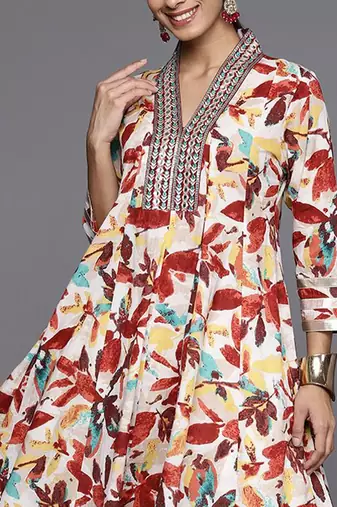 Floral Printed Panelled Mirror Work Pure Cotton Kurta With Dhoti Pants