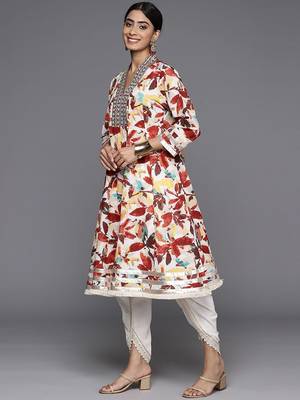 Floral Printed Panelled Mirror Work Pure Cotton Kurta With Dhoti Pants 4