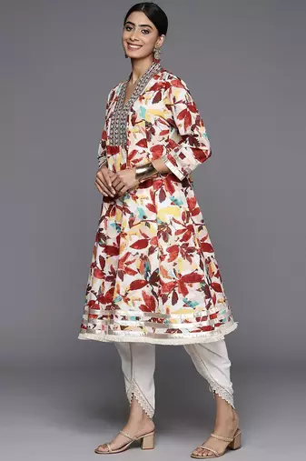 Floral Printed Panelled Mirror Work Pure Cotton Kurta With Dhoti Pants