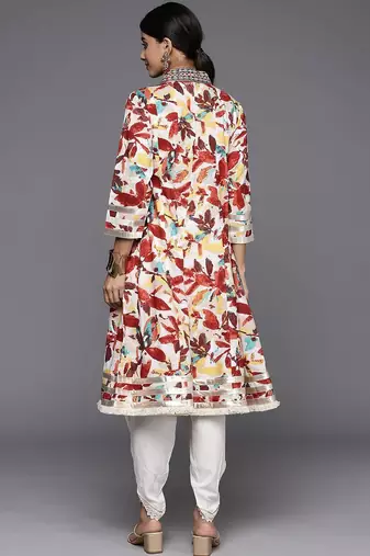 Floral Printed Panelled Mirror Work Pure Cotton Kurta With Dhoti Pants