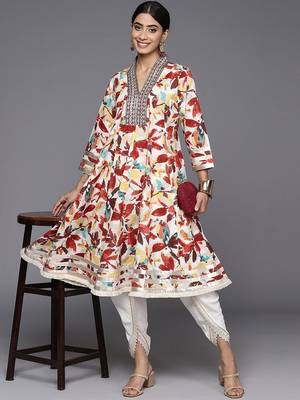 Floral Printed Panelled Mirror Work Pure Cotton Kurta With Dhoti Pants 6