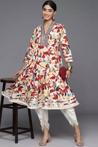 Floral Printed Panelled Mirror Work Pure Cotton Kurta With Dhoti Pants