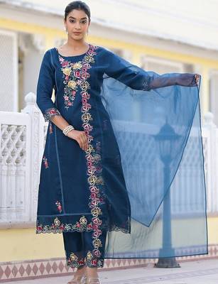 Floral Embroidered Pure Silk A-Line Kurta with Trouser & Dupatta 1