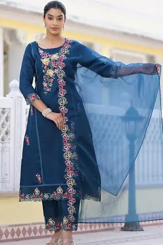 Floral Embroidered Pure Silk A-Line Kurta with Trouser & Dupatta