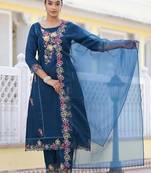 Floral Embroidered Pure Silk A-Line Kurta with Trouser & Dupatta