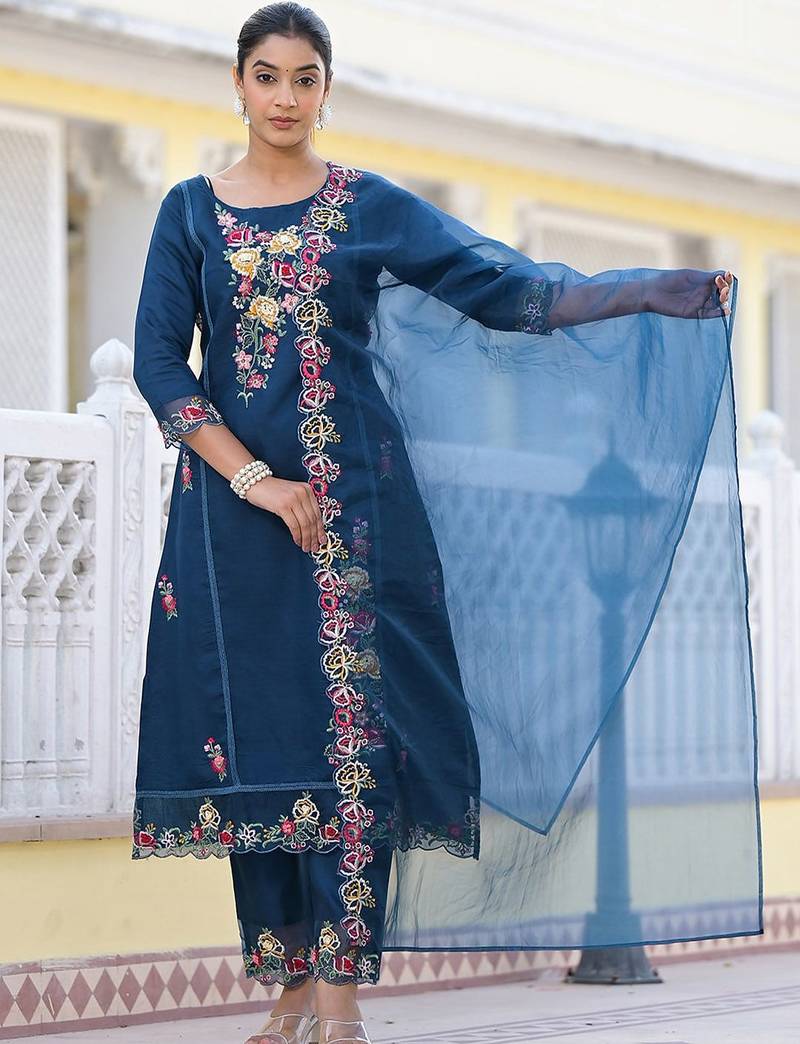 Floral Embroidered Pure Silk A-Line Kurta with Trouser & Dupatta
